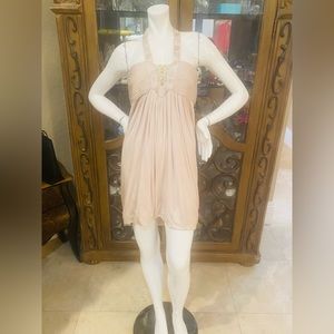 BCBGMaxazria Cream Beaded Sequins Halter Jersey Dress